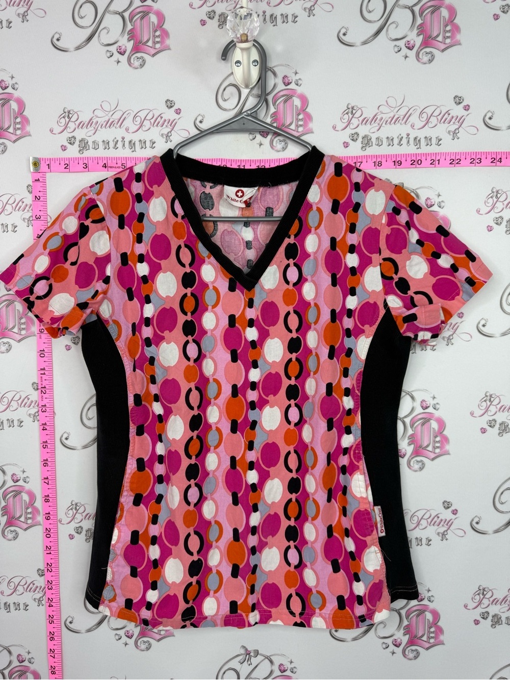 White Cross scrubs dotted y2k Pink, Orange & Black Geometric V-Neck Scrub Top